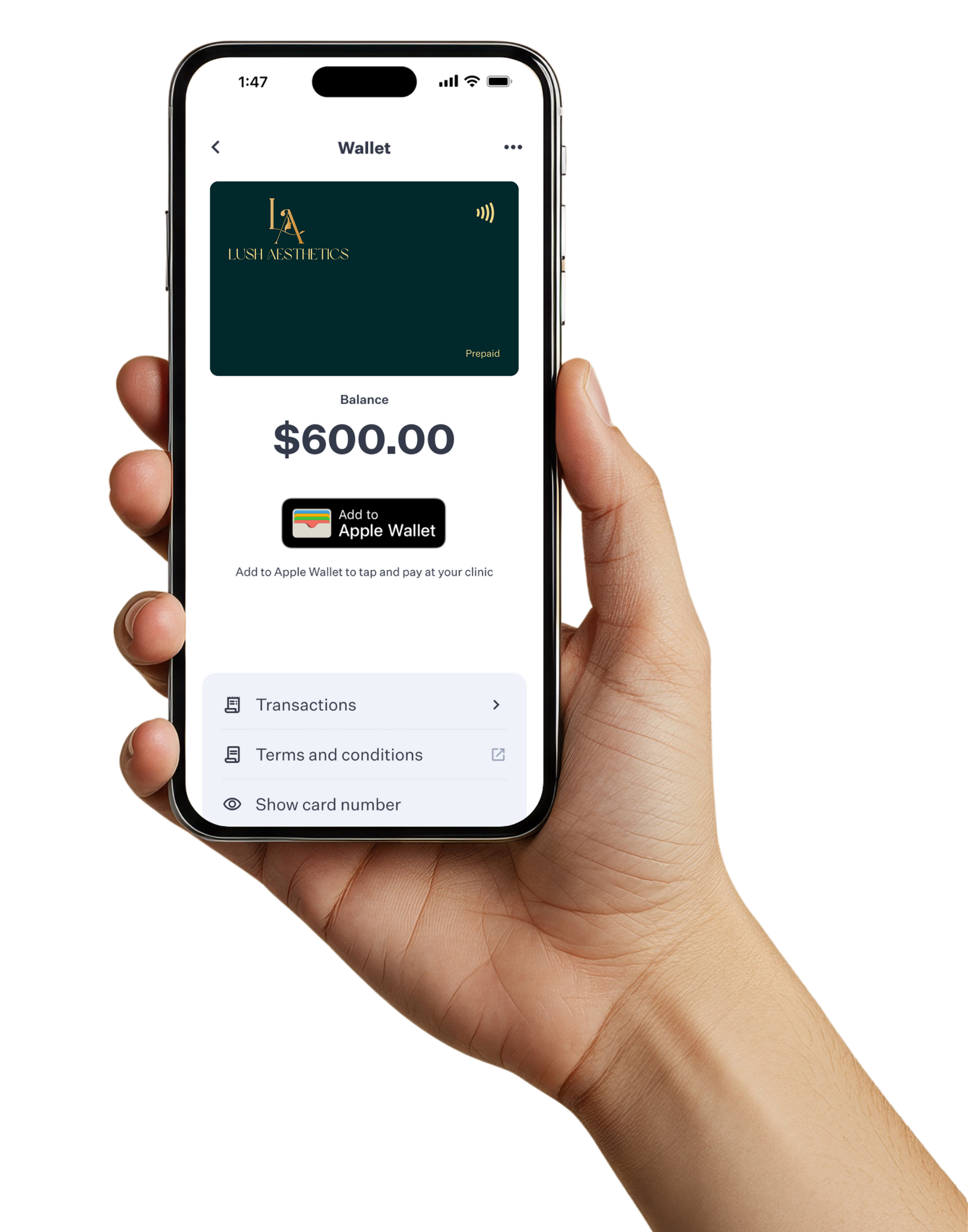 Hand holding a phone showing the aglow Treatment Wallet app with Lush Aesthetics Australia prepaid card